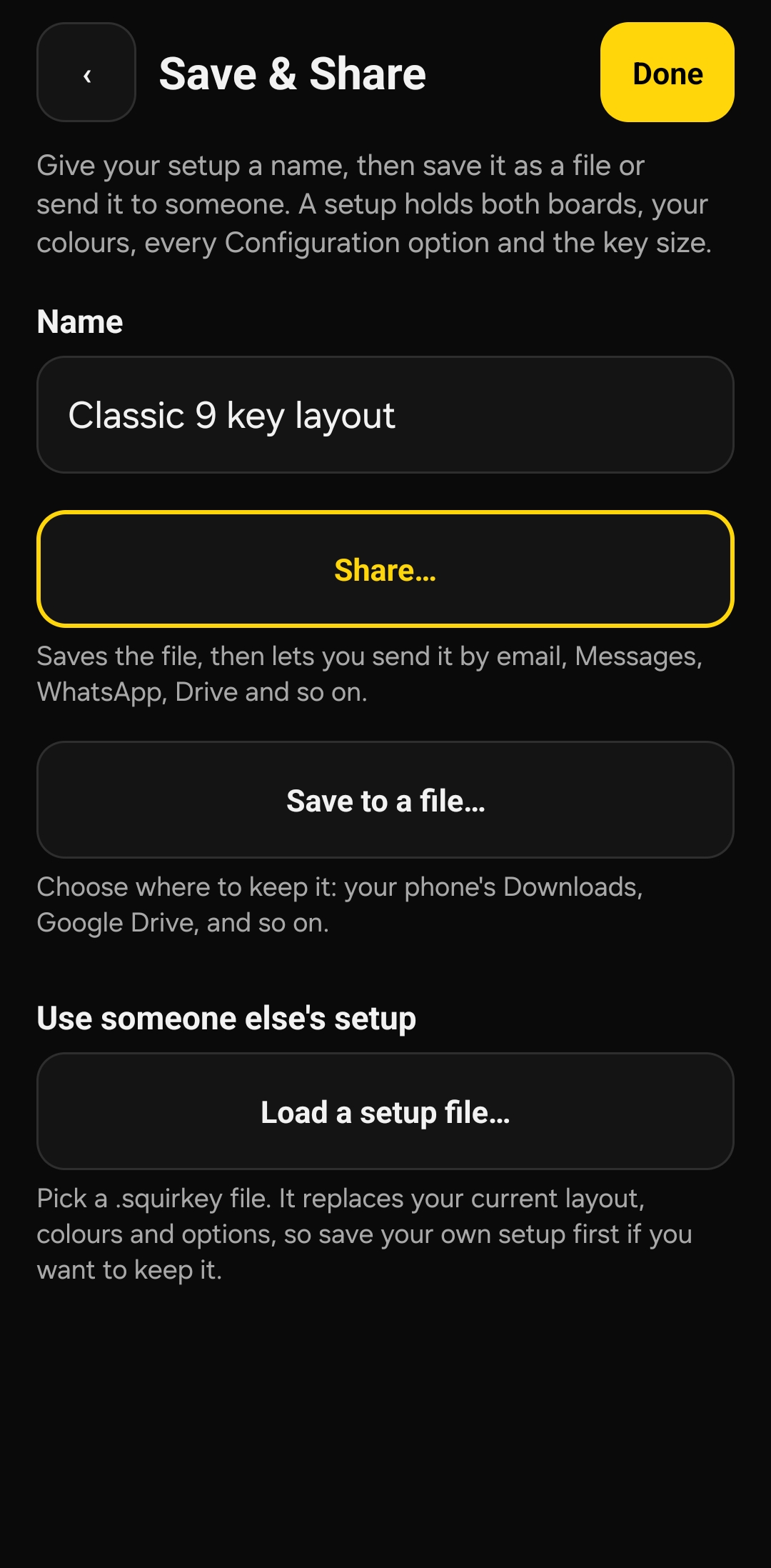 Saving and sharing a setup